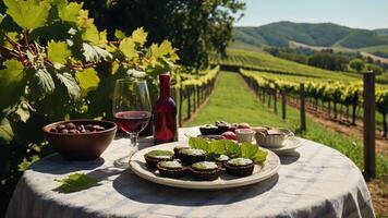 Table Setting with Wine, Tarts, and Grapes in Vineyard photo