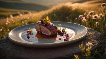 Exquisite Meat Dish Outdoors Garnished with Flowers on a Stone Table photo