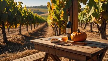 Wine and Pumpkin on Table in Vineyard with Autumn Colors photo