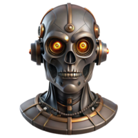 fascinating acclaimed Steampunk cyborg head with exposed mechanics and glowing eyes. NO BACKGROUND with Transparent Background. png