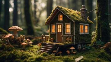 Tiny Moss Covered House with Glowing Windows in Forest Setting photo