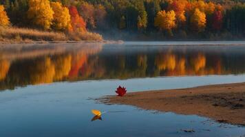 Autumn River Reflecting Colorful Trees with Fallen Leaves on Shore photo