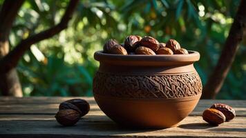 Dates in Earthen Bowl on Wooden Table with Blurred Greenery Background photo