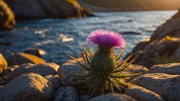 Thistle Blossom Growing Beside Flowing River at Sunset on Rocks photo