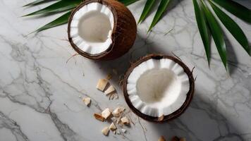Halved Coconuts on Marble Surface with Palm Leaf for Food Photography photo
