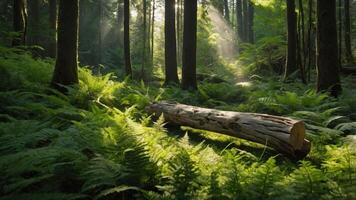 Walking in Forest Scene with Fallen Log and Sunrays Streaming Down photo