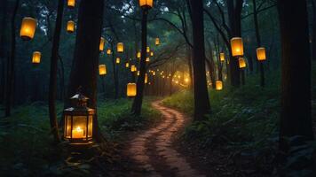 Walking on Forest Path Illuminated with Glowing Lanterns Hanging Overhead photo