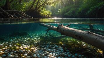Underwater River Bed with Fallen Tree Trunk and Forest View photo