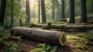 Log Resting in Forest Clearing with Moss and Sunlight Filtering Through photo