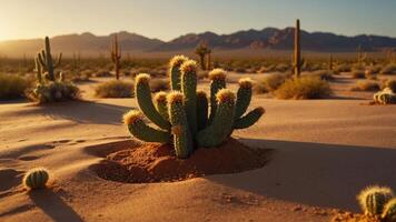 Cactus in Desert Landscape at Sunset with Mountains in the Background photo