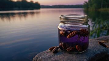 Jar with Dark Seeds on Rock Near Lake at Sunset photo