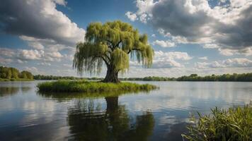 Willow Tree Standing on Small Island in Reflective Lake Scenery photo