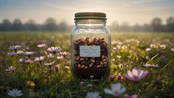 Glass Jar with Nuts and Chocolate in a Spring Flower Field photo