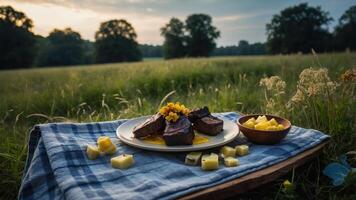Steak Bites and Cheese Cubes Picnic in a Grassy Field photo
