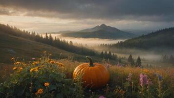 Pumpkin in Mountain Meadow with Foggy Forest and Overcast Sky photo