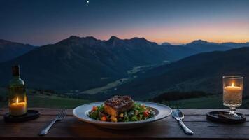 Dinner with a View Meat Dish and Mountain Scenery at Dusk photo
