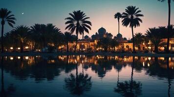 Palm Trees and Building Reflecting in Water at Dusk photo