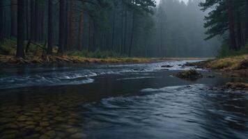 Flowing River Through Forest Landscape with Foggy and Moody Ambiance photo
