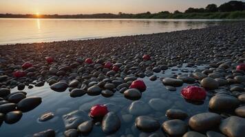 Sunset at Pebble Beach with Red Objects and Reflecting Water photo
