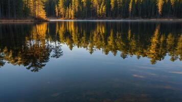 Reflecting Trees on Still Lake Water at Golden Hour Sunlight photo