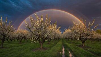 Orchard Trees in Bloom with Rainbow Arcing Across Overcast Sky photo