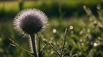 Thistle Flower Blooming in Field at Golden Hour with Soft Light photo