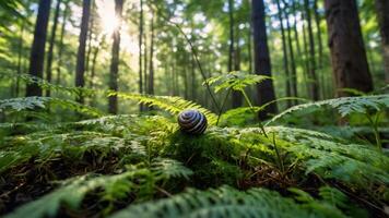 Snail Shell Resting on Moss in Forest with Sunlight Shining Through photo