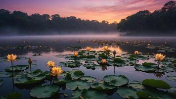 Water Lilies Floating on Lake at Dusk with Fog and Forest photo