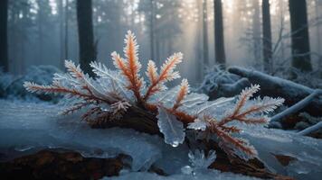 Icy Forest Branch Close-up with Frost and Light Shining Through Trees photo