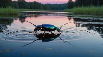 Iridescent Beetle Drinking on Calm Water Surface Creating Ripples photo