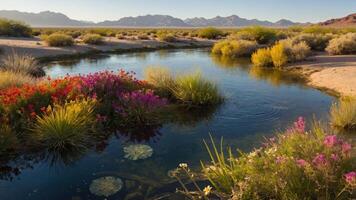 Peaceful Desert Oasis with Colorful Flowers and Distant Mountain Views photo