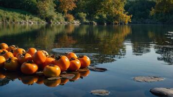 Persimmon Fruit Arrangement Floating on a Tranquil Pond with Reflections photo