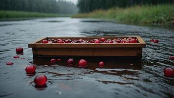 Cranberries Floating on River in Wooden Tray During Rainfall photo