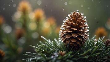Pine Cone on Evergreen Branch with Raindrops in a Forest Setting photo
