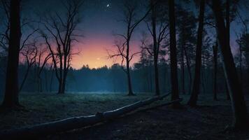 Walking Through Dark Forest at Night with Moon and Starry Sky photo