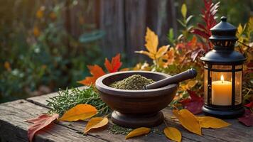Mortar and Pestle with Herbs Near Autumn Leaves and Lantern photo