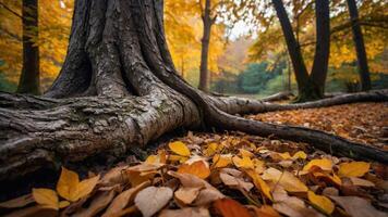 Tree Trunk Roots and Fall Leaves in Forest Ground View photo