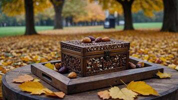 Ornate Wood Box with Dates on Tray in Autumn Park Setting photo