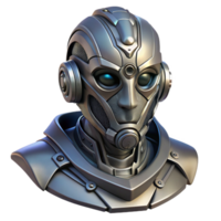 melancholic glorious Cyberpunk robot head, intricate details, metallic finish. NO BACKGROUND with Transparent Background. 4K png