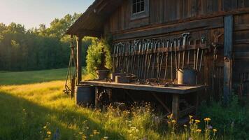 Old Wooden Workshop with Tools and Sunny Meadow Landscape photo
