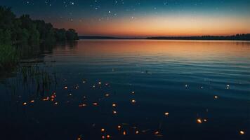 Calm Lake at Sunset with Stars and Reflections on Water photo