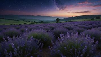 Lavender Field Blooming Under a Starry Sky at Twilight Serenity photo