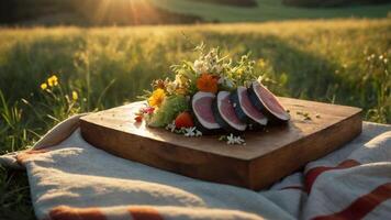 Sliced Tuna on Wooden Board with Flowers in Golden Field photo