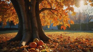 Gathered Apples Underneath a Maple Tree with Fallen Autumn Leaves photo