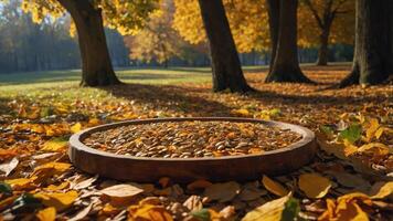 Pumpkin Seed Display in Autumn Forest Landscape with Falling Leaves photo
