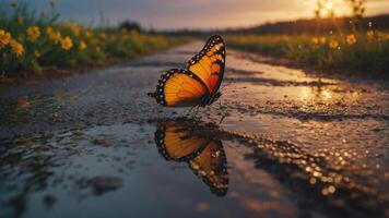 Butterfly Reflecting in Puddle on Path During Sunset with Flowers photo