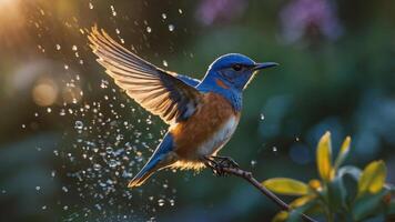 Bird Spreading Wings on Branch Under Water Droplets in Sunlight photo