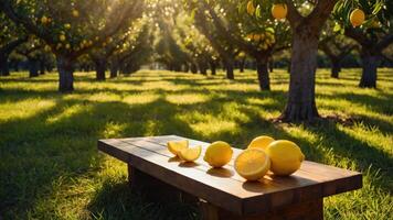 Lemons on Wooden Bench in Orchard Lit by Golden Sunlight photo