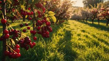 Ripe Cherry Hanging on Tree Branch in Sunny Orchard Field photo