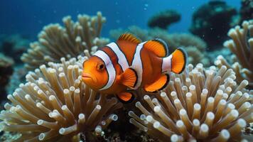 Clownfish Swimming Near Anemone in Blue Ocean Environment photo